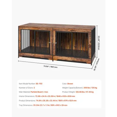VEVOR Hundekäfig Möbel für 2 Hunde, 1901 x 670 x 824 mm Doppel-Hundebox für große Hunderassen mit Trennwand & Doppeltüren, Hundehaus aus Holz, Beistelltisch für mittelgroße und große Hunde, Braun – Bild 6