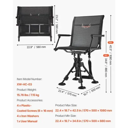 VEVOR Faltstuhl Campingstuhl Anglerstuhl mit Armlehnen & Stahlrahmen & verstellbarer Beine Klappstuhl Gartenstuhl (158 kg belastbar) 360° geräuschlos drehbar, für Picknick Garten Outdoor Angeln – Bild 6