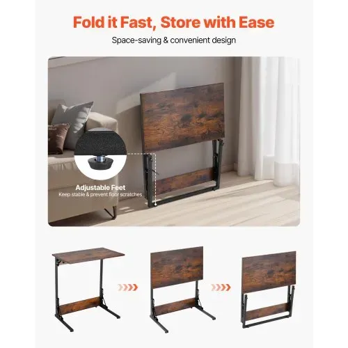 VEVOR Beistelltisch Kaffeetisch klappbar mit Metallrahmen & verstellbaren Füßen, C-förmiger Couchtisch für Wohnzimmer Schlafzimmer Büro 60 x 37 x 70 cm TV-Tablett, Sofatisch Braun und Schwarz – Bild 2
