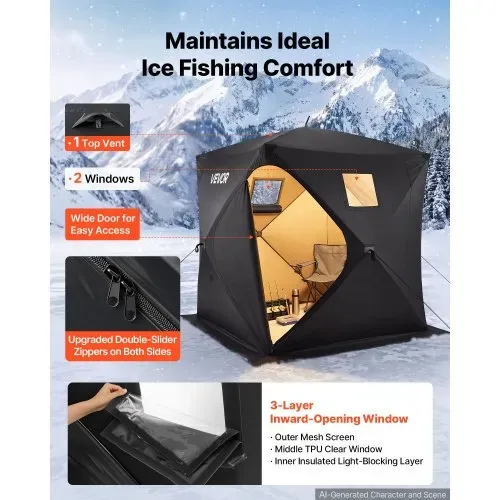 VEVOR Eisangelzelt Eisfischerzelt für 3-4 Personen 1,8x1,8x2 m Angelzelt, Eisschutzzelt für Winterangeln, 3,13 m² Fläche, 300D Oxford-Gewebe, Hub-Style-Zelt mit Ankern, Seile, Tragetasche, Schwarz – Bild 5