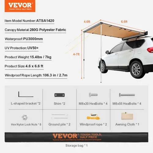 VEVOR Fahrzeugmarkise 1,4 x 2,01 m Schattenabdeckung Autoseitenmarkise PU3000mm UV50+ – Bild 6
