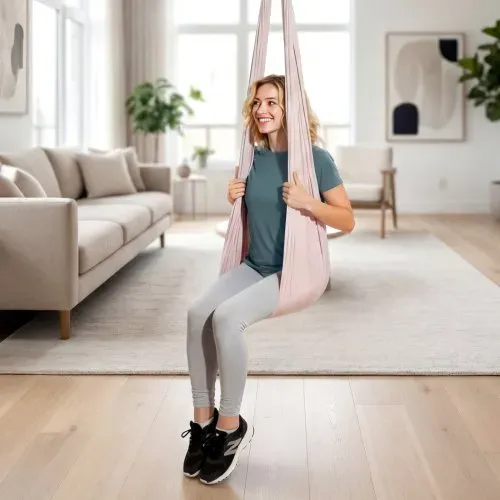 VEVOR Aerial Yoga Hängematte, max. Tragkraft 136,07 kg, Yoga-Schaukel mit Nylongewebe & Daisy Rope & PE-Reißverschlusstasche, Gymnastikschaukeln Doppelfunktion Anti-Gravity-Übungen Rosa – Bild 7