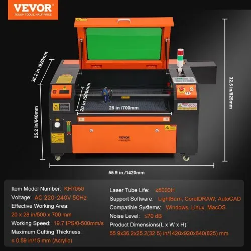VEVOR 80W CO2-Lasergravierer, 500x700mm, 500mm/s Laserschneidmaschine mit 2-Wege-Pass-Air-Assist, kompatibel mit LightBurn, CorelDRAW, AutoCAD, Windows, Mac OS, Linux, für Holz, Acryl, Stoff – Bild 6