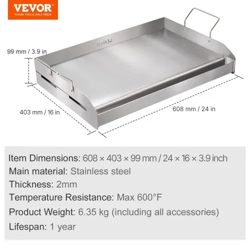 VEVOR Grillplatte 430 Edelstahl 58,7 x 39,5 x 9,9 cm - Universal Grillplatte 2 mm Dicke Verwendbar, Outdoor BBQ Party Grillplatte mit Griff Gasgrill für Gasgrill, Kohlegrill & Elektrogrill Zubehör – Bild 6