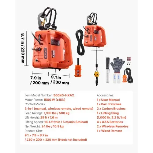 VEVOR Elektrische Seilwinde, 500 kg Tragkraft, 3-in-1 Elektro-Hebezeug, 1500 W, 7,6 m Hubhöhe, 5 m/min, mit manueller, kabelgebundener & kabelloser Fernbedienung für Fabrik, Lager & Garage – Bild 6