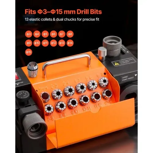 VEVOR Bohrerschleifgerät MR-13A, 3-15 mm, mit 95°-135° einstellbarem Spitzenwinkel, 4600 U/min Hochgeschwindigkeits-Nachschärfmaschine mit 13 Spannzangen & CBN-Schleifscheibe für Werkstätten & Garagen – Bild 2