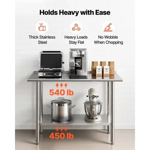 VEVOR Gasto Arbeitstisch 1219 x 610 x 894 mm, Edelstahltisch mit 2 Ebenen & Aufkantung & Höhenverstellbaren Ablagen Obere Ablage (245 kg) Untere Ablage (204 kg) Vorbereitungstisch für Restaurant – Bild 3