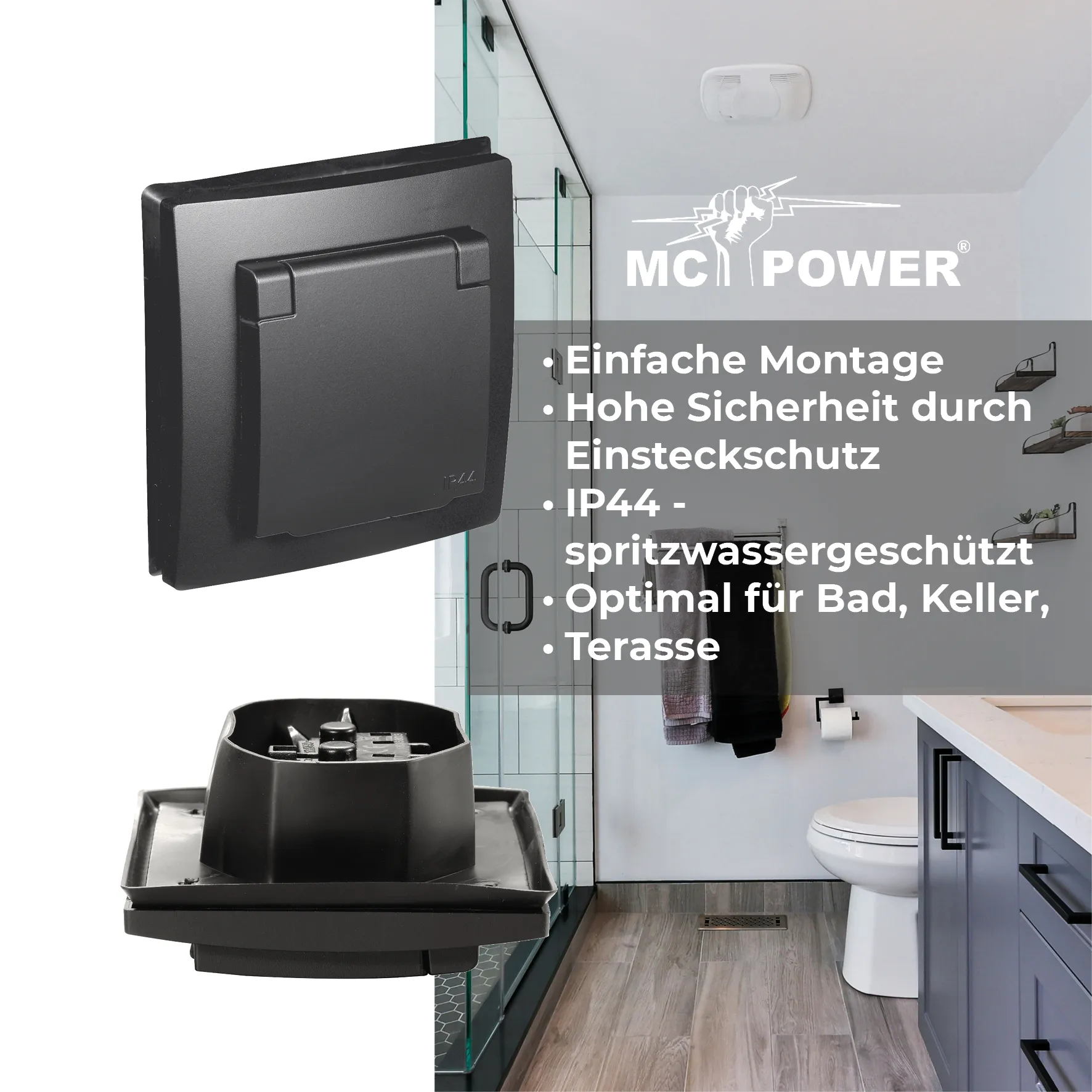 Schutzkontakt-Steckdose McPower ''Flair'', 250V~/16A, UP, IP44, matt schwarz – Bild 4