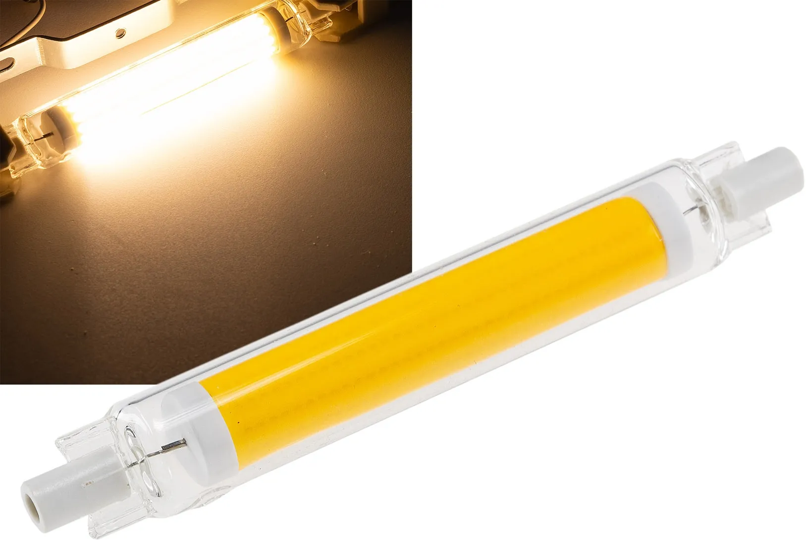 LED Strahler 8W R7s „RS118 COB8dim“ 360°, 3000k, 887lm, 118mm, warmweiß LED Strahler 8W R7s „RS118 COB8dim“ 360°, 3000k, 887lm, 118mm, warmweiß