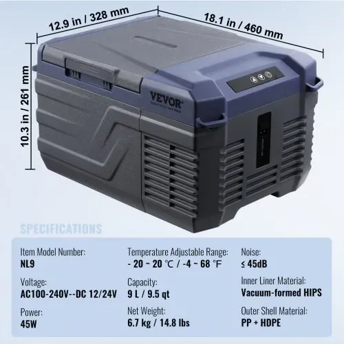 VEVOR Autokühlschrank, 12-Volt-Autokühlschrank, tragbarer 9-Liter-Einzelzonen-Gefrierschrank, einstellbarer Bereich von -4℉ bis 68℉, 12/24 V DC und 100-240 V AC-Kompressorkühler für Outdoor, Camping, Wohnmobil – Bild 6