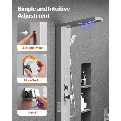 VEVOR Duschpaneel-Turmsystem (5 Modi) mit Regenwasserfall-Duschkopf & LED, (1345 mm) Duschsäule aus gebürstetem Edelstahl, Regenmassagesystem zur Wandmontage, mit Handbrause & 4 Körperbrausen – Bild 5