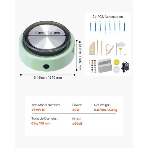 VEVOR Mini Töpferscheibe Maschine 158 mm Drehteller mit einstellbarer Rotationsgeschwindigkeit (0-140 U/min), elektrische Tonscheibe mit Tonformungswerkzeugen für Heimwerken Töpferkurse, Grün rund – Bild 6