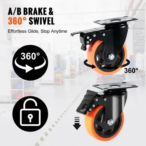 VEVOR Möbelrollen 4er-Set Lenkrollen PVC φ101,6mm Laufrollen 635kg Tragfähigkeit Transportrollen mit A/B-Bremsen Kastenrollen 360° Drehbar Schwerlastrollen für Häusern Büros Studios Fabriken – Bild 2