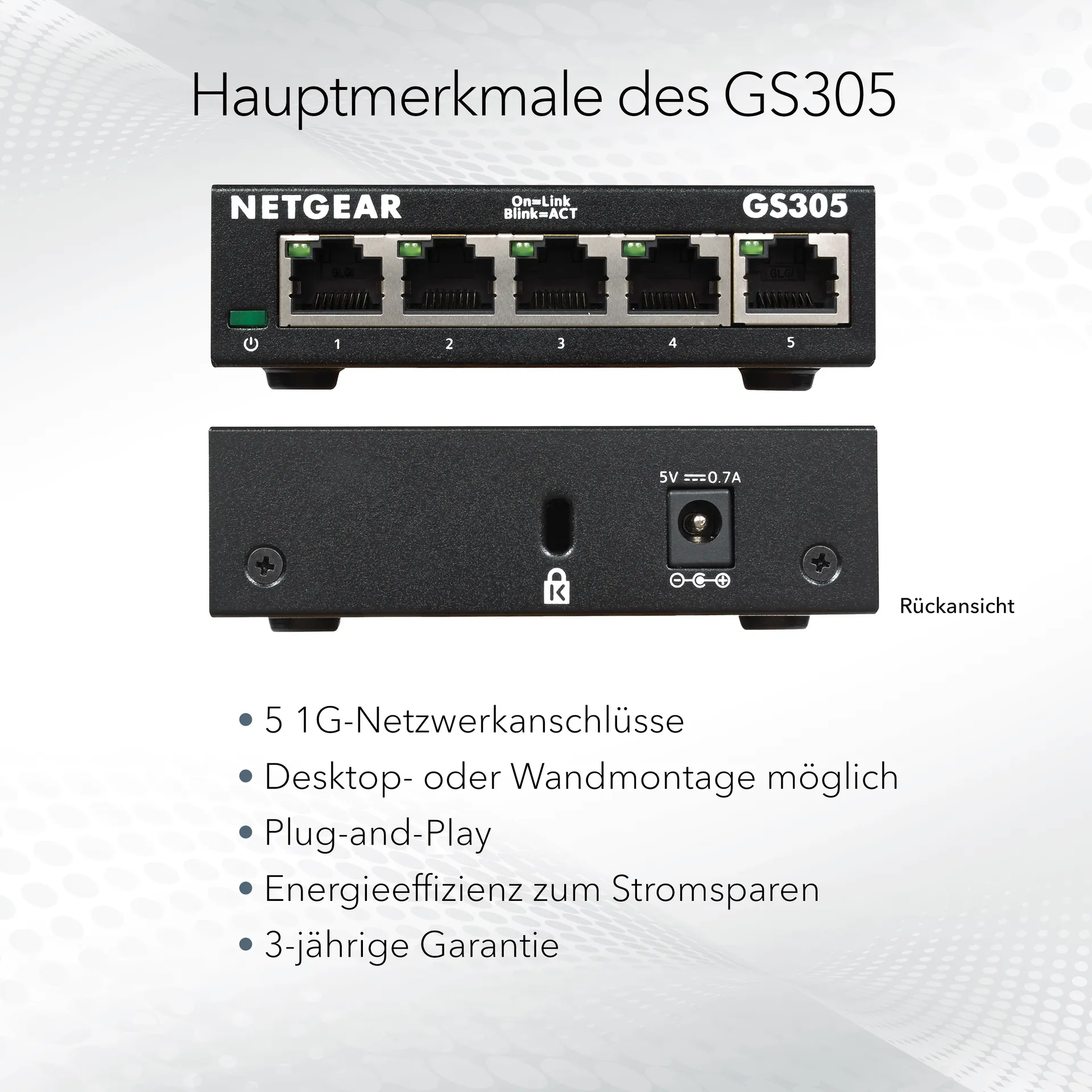 NETGEAR GS305 Switch 5 Port Gigabit Ethernet LAN Switch (Plug-and-Play Netzwerk Switch, LAN Verteiler, Hub energieffizient, lüfterlos, robustes Metallgehäuse) – Bild 7