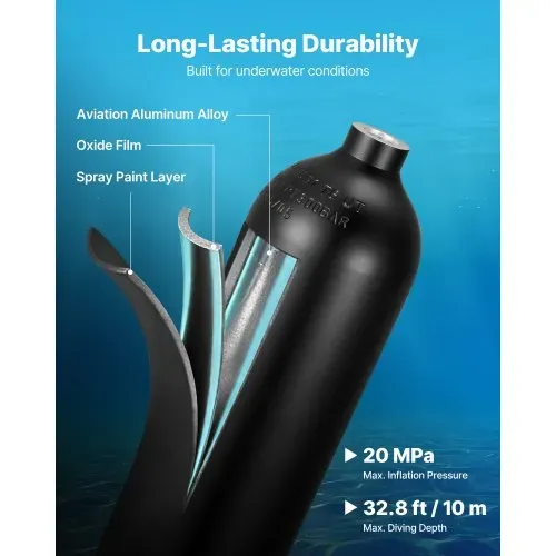 VEVOR Mini-Tauchflasche 2 L, Tragbare Lungenflasche für Unterwasseratmung, Wiederverwendbare Sauerstoffflasche für bis zu 35 Minuten Tauchzeit, Tauchausrüstung mit Rucksack & Tasche – Bild 2