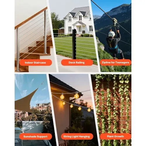 VEVOR Drahtseil φ6,35mm 76,2 m Länge, verzinktes Kohlenstoffstahlseil, 31,1 kN Bruchfestigkeit, 7x19 Litzen, Geländerseil für Terrassengeländer, Gartenspaliere, inkl. Handschuhe – Bild 5