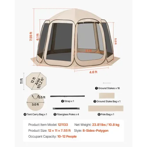 VEVOR Pop-Up-Zelt, 365,76x335,28 cm, tragbares Campingzelt für 10–12 Personen, mit Netz, Tragetasche, Seitenwänden und Heringen, für Garten, Terrasse und Outdoor-Aktivitäten, Beige – Bild 6