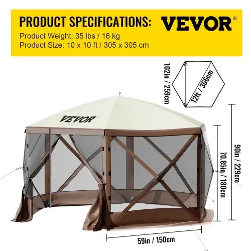 VEVOR Faltpavillon, 3,05 x 3,05 m, 6-seitiges Pop-up-Camping-Überdachungszelt mit Netzfenstern, tragbarer Tragetasche, Erdspießen, große gartenpavillon für Outdoor-Camping, Rasen und Hinterhof – Bild 6