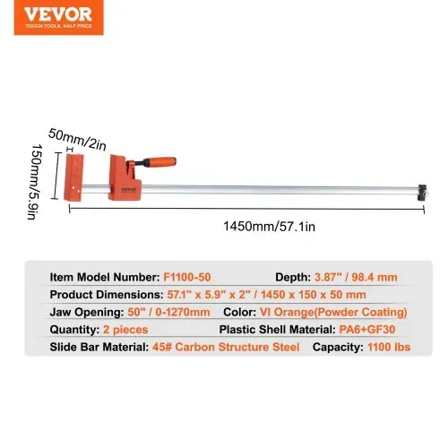 VEVOR Stangenklemmen für die Holzbearbeitung, 2er-Pack, 127cm Parallelklemmen-Set, 499 kg Last – Bild 6