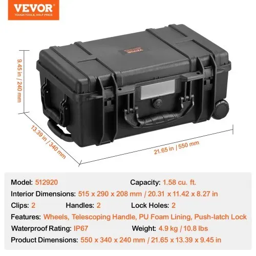 VEVOR wetterfester Hartschalenkoffer Trockenboxen mit vorgeschnittenem Schaumstoff, Rollen und einziehbaren Griffen für Reisen, IP67 wasserdichtes Gehäuse für Kameras Schwarz (55 x 34 x 24 cm) – Bild 6