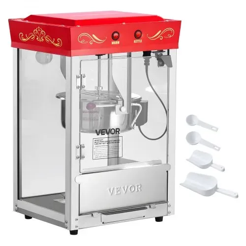 VEVOR Popcornmaschine mit Edelstahlkessel, 800 W kommerzieller Popcornmaker, 48 Tassen pro Ladung, Kinostil, mit 2-Tasten-Bedienung, Glaswand, PC-Tür, 1 Portionierer, 3 Löffel, Rot – Bild 8