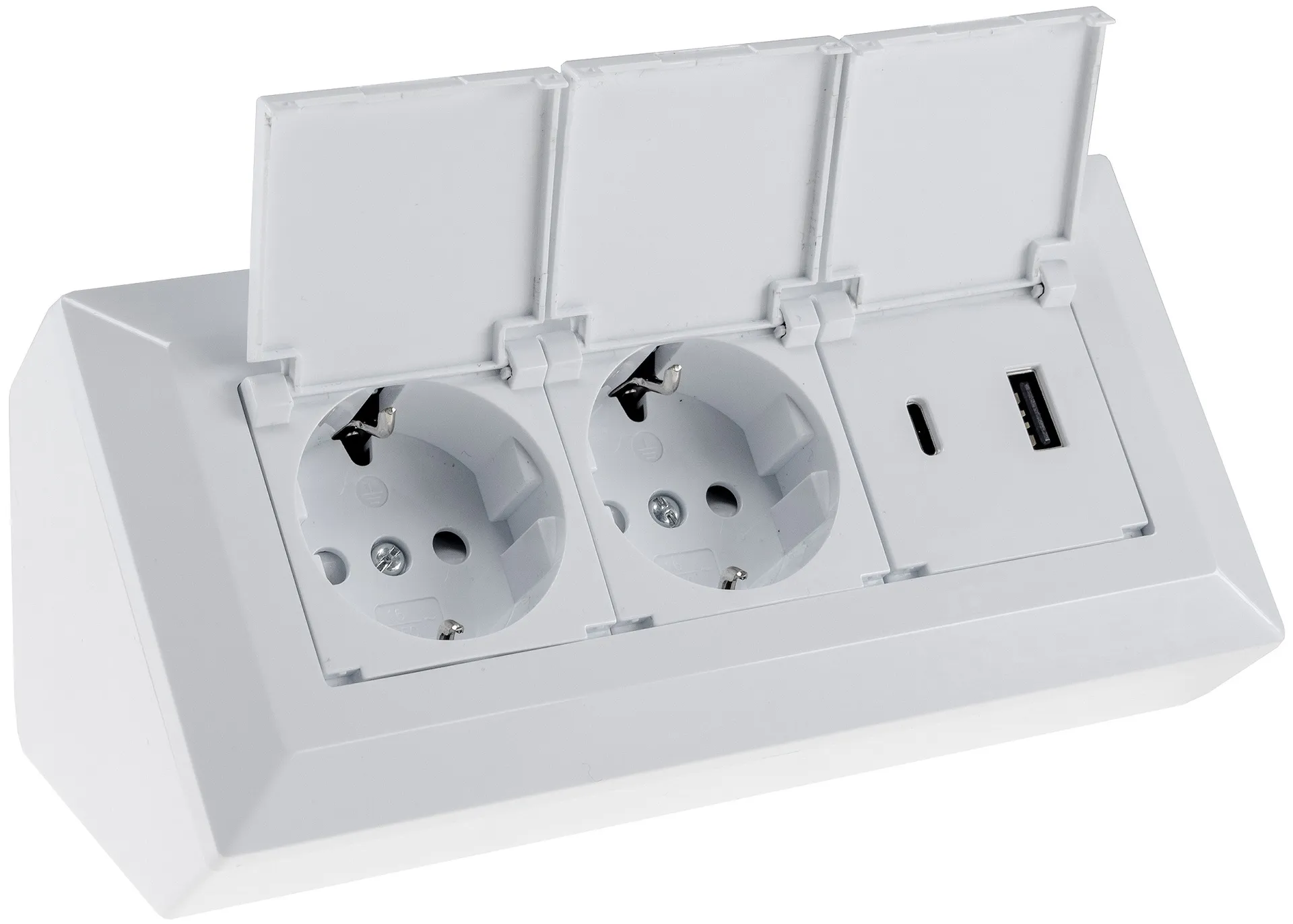 2-fach Steckdosenblock, USB-A+C, weiß 250V~/ 16A, USB 3,1A, PD, mit Klappen 2-fach Steckdosenblock, USB-A+C, weiß 250V~/ 16A, USB 3,1A, PD, mit Klappen