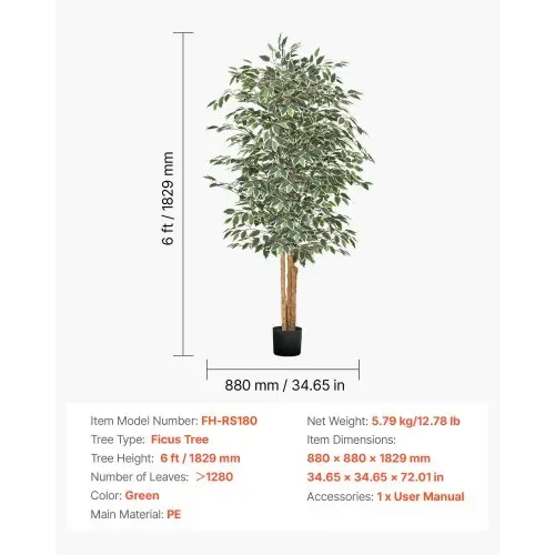 VEVOR Künstlicher Ficusbaum, 1,8 m, mit schwarzem Topf, Kunst-Ficuspflanze mit natürlichem Holzstamm & realistischen grünen Blättern, Seidenbaum für Innenbereich, für Zuhause, Büro, Wohnzimmer – Bild 6