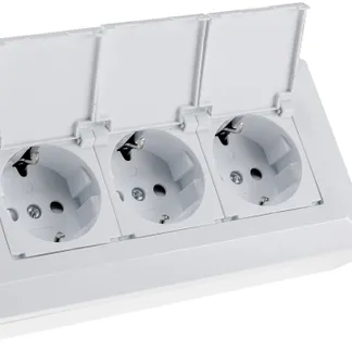 3-fach Steckdosenblock, weiß 250V~/ 16A, Aufbaumontage mit Klappen 3-fach Steckdosenblock, weiß 250V~/ 16A, Aufbaumontage mit Klappen