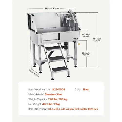 VEVOR Hundewaschstation aus Edelstahl, 870x488x1025 mm Tierpflegewanne mit Ablagetreppe, Wasserhahn, Duschkopf & Seifenhalter, Hundebadewanne, für mittelgroße & kleine Haustiere (linke Tür) – Bild 6