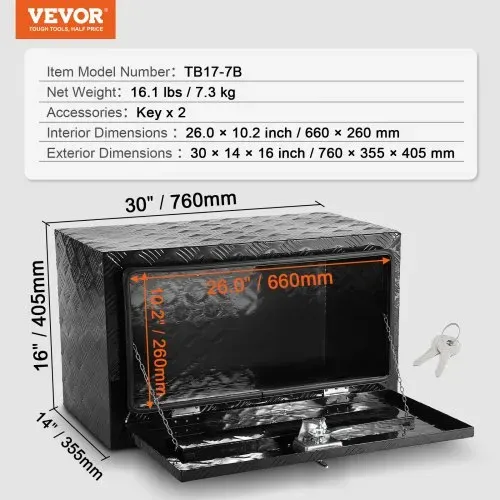 VEVOR Truckbox Werkzeugbox, Unterboden-Anhängerbox, Werkzeugkasten 760 x 355 x 405 mm Aufbewahrungsbox, Aluminiumlegierung, 30 kg belastbarer Werkzeugkasten, abschließbare Werkzeugkiste Schwarz – Bild 6