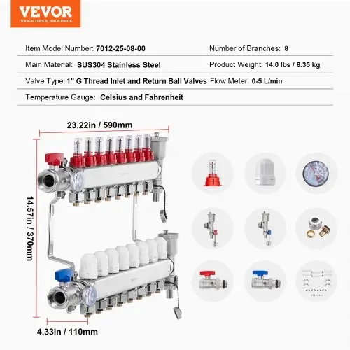VEVOR 8-Zweig-Wärmeverteilungsverteiler, 1/2-Zoll-PEX-Rohrverteiler, Edelstahl-PEX-Verteiler für hydronische Fußbodenheizung, Wärmeverteilungs-PEX-Verteilersatz mit 1/2-Zoll-Adaptern im Lieferumfang enthalten – Bild 6
