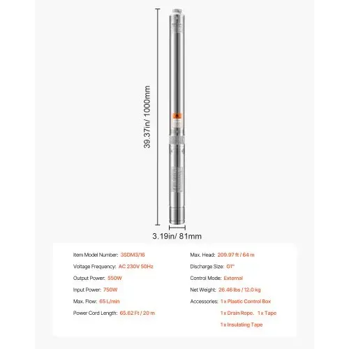 VEVOR Tiefbrunnenpumpe, 750 W Eingangsleistung, 65 L/min Durchfluss, 64 m Förderhöhe, mit 20 m Kabel, externer Steuerkasten, Edelstahl-Wasserpumpe, für industrielle Bewässerung und Heimgebrauch, IP68 – Bild 6