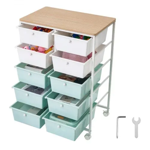 VEVOR Rollwagen mit 10 Schubladen Doppelreihe PP 630x390x895mm Blau Weiß, Metallgestell, Holztischplatte, Handgriffe, Lenkrolle mit 2 Bremsen, Mobiler Schubladenwagen für Büro Werkstatt Bastelzimmer – Bild 8