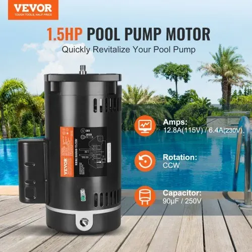VEVOR 1.5 PS Poolpumpenmotor, 56Y Rahmen, 115V((12.8 Ampere))/230V(6.4 Ampere) 3450 U/min, 60Hz, 1.1 Betriebsfaktor, 90μF/250V Kondensator, CCW Rotation Vierkantflansch Ersatzmotor VEVOR 1.5 PS Poolpumpenmotor, 56Y Rahmen, 115V((12.8 Ampere))/230V(6.4 Ampere) 3450 U/min, 60Hz, 1.1 Betriebsfaktor, 90μF/250V Kondensator, CCW Rotation Vierkantflansch Ersatzmotor