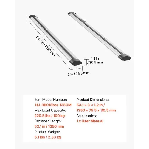 VEVOR 2 x Dachgepäckträger Dachquerträger mit 100 kg Tragkraft, 135 cm Querträger aus Aluminiumlegierung, Dachträger Ideal für Gepäck Kanus Lastenkörbe Fracht (nur Querträger, ohne Befestigungsfüße) – Bild 6