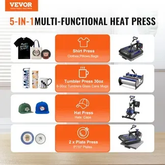 VEVOR Hitzepresse, 15 x 15 Zoll, 5-in-1-Wärmeübertragungsmaschine mit 30-oz-Tumbler-Presse, 360° wegschwenkbares digitales T-Shirt-Pressen, Teflonbeschichtung, für T-Shirts/Tassen/Hüte/Teller, Schwarz+Blau VEVOR Hitzepresse, 15 x 15 Zoll, 5-in-1-Wärmeübertragungsmaschine mit 30-oz-Tumbler-Presse, 360° wegschwenkbares digitales T-Shirt-Pressen, Teflonbeschichtung, für T-Shirts/Tassen/Hüte/Teller, Schwarz+Blau