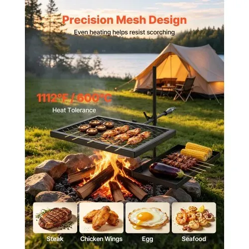 VEVOR Lagerfeuergrill Schwenkbar mit Grillrost Grillplatte Kohlenstoffstahl, 360° Höhenverstellbarer Schwenkgrill mit Grillständer, Drehbarer Outdoor-Grill für Offenes Feuer, Camping und Garten – Bild 3