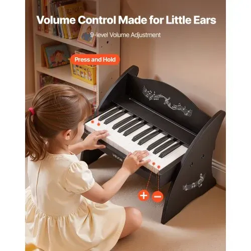 VEVOR Kinder Keyboard, 25 Tasten, Digitales Holzpiano, Holzklavier ab 3 Jahren, Mini-Musikinstrument mit Realistischem Klang, Dual-Power, Einstellbare Lautstärke, Musikalische Früherziehung, Schwarz – Bild 3