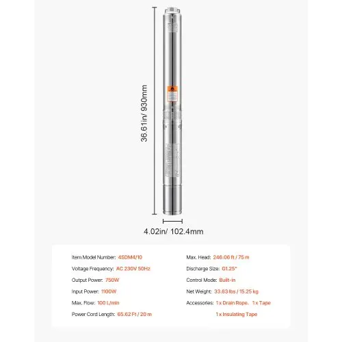 VEVOR Tiefbrunnenpumpe, 1100 W Eingangsleistung, 100 l/min Durchfluss, 75 m Förderhöhe, mit 20 m Kabel, Tauchpumpe, für industrielle Bewässerung und Heimgebrauch, IP68-Wasserschutzklasse – Bild 6