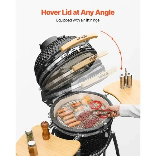 VEVOR Kamado Grill, Keramikgrill, Smoker Ø 450 mm, mit Holzgriffen, Seitenablagen, Metallstand mit Rollen & Thermometer bis 400°C, oberer & unterer Luftstrom, für BBQ, Grillen, Kochen & Backen Outdoor – Bild 4