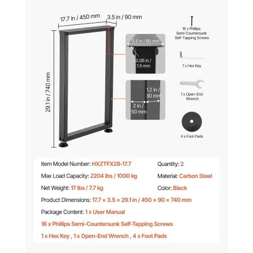 VEVOR Tischkufen aus Vierkantprofilen 2er-Set 450x740 mm, Tischuntergestell max. 1000 kg, Tischbeine, Möbelfüße, Tischgestell, Tischfüße für Schreibtische, Couchtisch, Esstische, Schwarz – Bild 4