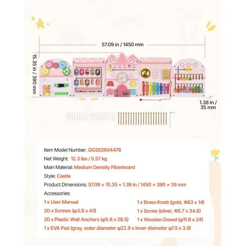 VEVOR Montessori Busy Board 14-in-1 Sensorisches Wandmotorikbrett Burgform, Motorikspielzeug zur Bildung & Frühe Entwicklung für Kinder, aus MDF-Platten, mit Xylophon Uhr Zahnrädern & Lernelementen – Bild 6