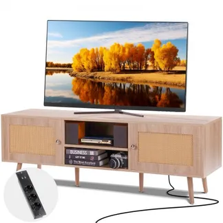 VEVOR Rattan-TV-Ständer, Retro-TV-Schrank für 165 cm Fernseher, Boho-Rattan-Fernsehschrank mit eingebauter Steckdose & USB-Anschlüssen, verstellbare Regale für Wohnzimmer, Medienraum, Eiche VEVOR Rattan-TV-Ständer, Retro-TV-Schrank für 165 cm Fernseher, Boho-Rattan-Fernsehschrank mit eingebauter Steckdose & USB-Anschlüssen, verstellbare Regale für Wohnzimmer, Medienraum, Eiche