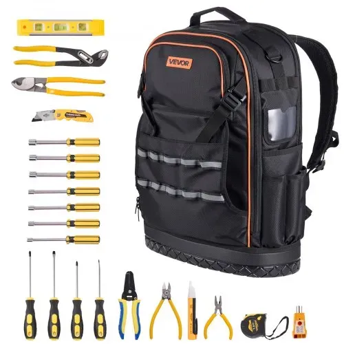 VEVOR Werkzeugrucksack mit 65 Taschen, Backpack inkl. 21-teiliges Werkzeugset, Werkzeugtasche mit Laptopfach, für Elektriker, Reparaturtechniker und Heizungs-, Lüftungs- und Klimatechniker – Bild 8