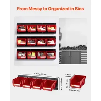 VEVOR Stapelboxen Wandmontage, 137x105x75mm Lagerboxen (12er-Pack) & 3 Metallschienen, Sichtlagerboxen für Schrauben Muttern Bolzen Nägel, Werkzeug-Organizer für Werkstatt Bastelraum Garage, Rot VEVOR Stapelboxen Wandmontage, 137x105x75mm Lagerboxen (12er-Pack) & 3 Metallschienen, Sichtlagerboxen für Schrauben Muttern Bolzen Nägel, Werkzeug-Organizer für Werkstatt Bastelraum Garage, Rot
