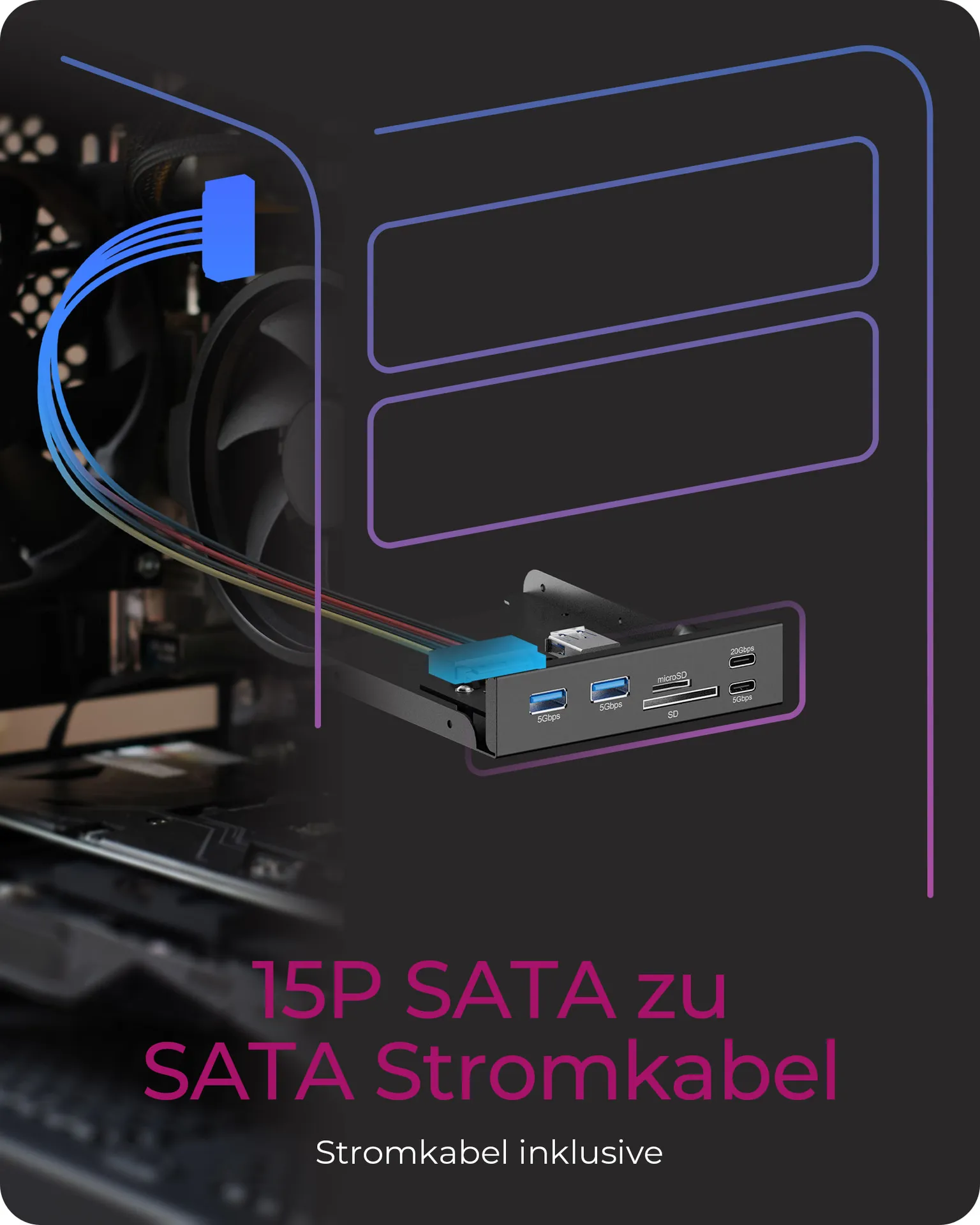 ICY BOX IB-HUB1419-i3, Front panel 3,5" mit USB Hub und Kartenleser, 2x USB-A 5 Gbit/s, 1x USB-C 5 Gbit/s, 1x USB-C 20 Gbit/s, 1x SD und 1x microSD 3.0 – Bild 6