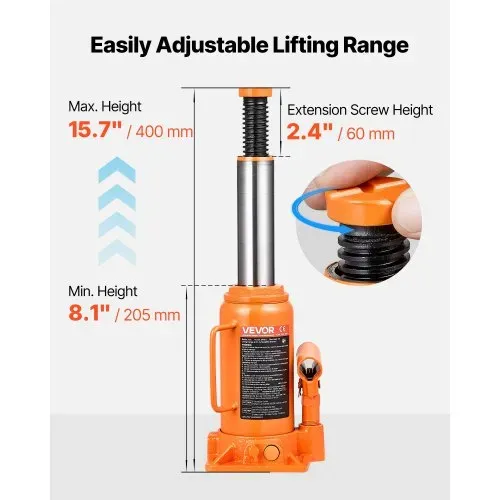 VEVOR hydraulischer Wagenheber Flaschenwagenheber 12 t 205–400 mm Hubbereich, Hochleistungs-Stempelwagenheber für Auto SUV Pickup Autoreparatur Hauslift landwirtschaftliche Geräte, Orange – Bild 2