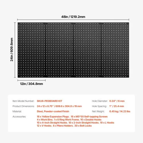 VEVOR Werkzeugwand, 61 x 30 cm, 4er-Set, robuster Stecktafel-Wand-Organizer mit Zubehör, für Wohnzimmer, Garage, Werkzeugaufbewahrung, Büroorganisation, Bastelraum, Küche, Zuhause, schwarz – Bild 6