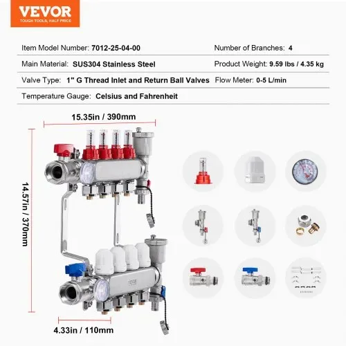VEVOR 4-Zweig-Wärmeverteilungsverteiler, 1/2-Zoll-PEX-Rohrverteiler, Edelstahl-PEX-Verteiler für hydronische Fußbodenheizung, Wärmeverteilungs-PEX-Verteilersatz mit 1/2-Zoll-Adaptern im Lieferumfang enthalten – Bild 6