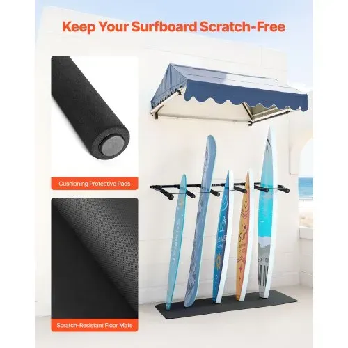 VEVOR Surfbrett-Wandhalterung (5 Ebenen) vertikales Surfbrett-Rack Aufhänger zur Aufbewahrung & Präsentation, verstellbarer Organizer für Kiteboards Shortboards Skier Snowboards Schwarz – Bild 3